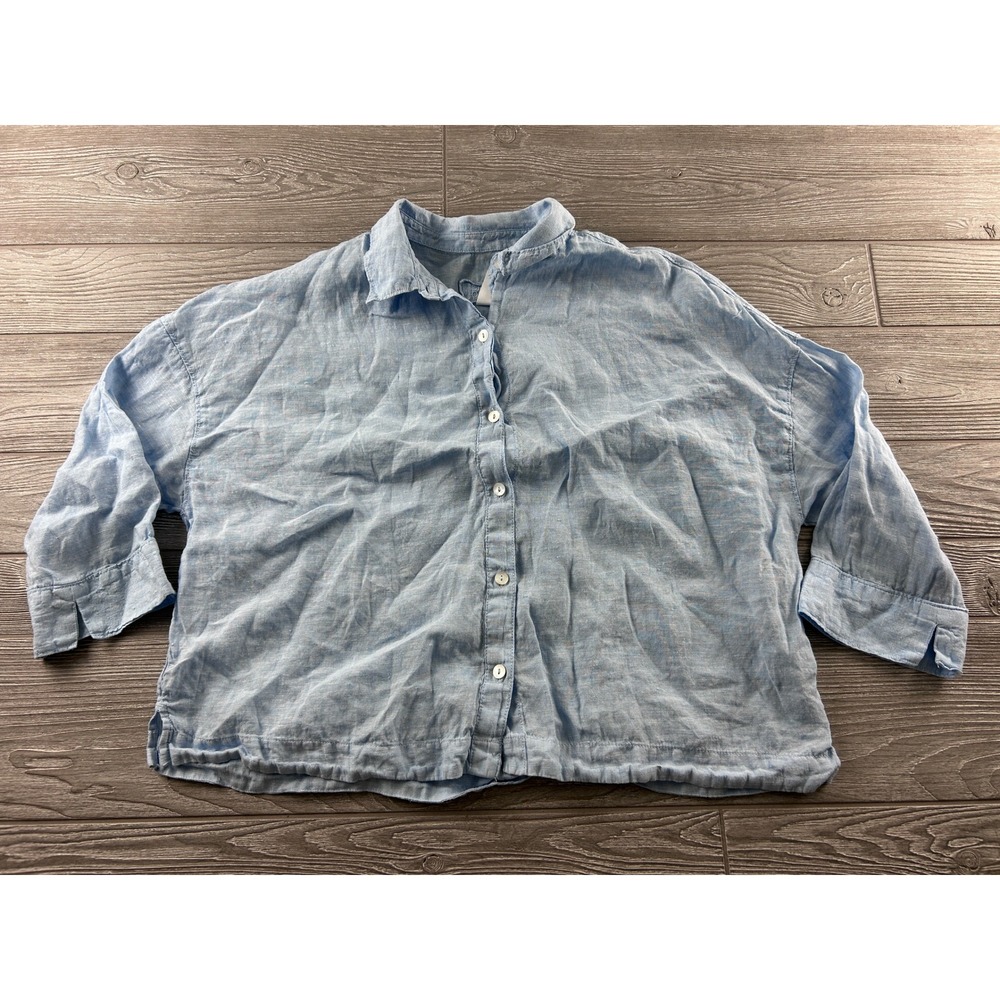 Sigrid Olsen Linen Button Down Shirt XL Light Blue Boxy 3/4 Sleeve Top